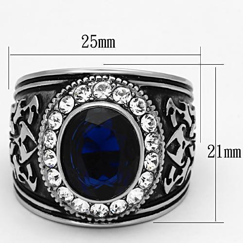 Mens Ring Silver Blue Unique Round Stainless Steel Ring with Synthetic Synthetic Glass in Montana - Jewelry Store by Erik Rayo