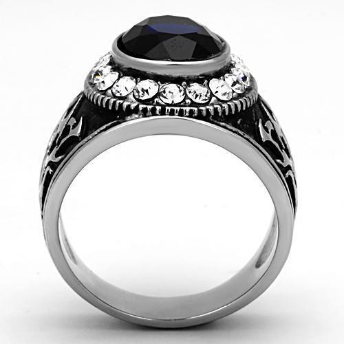 Mens Ring Silver Blue Unique Round Stainless Steel Ring with Synthetic Synthetic Glass in Montana - Jewelry Store by Erik Rayo