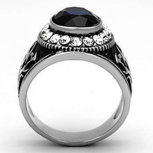 Load image into Gallery viewer, Mens Ring Silver Blue Unique Round Stainless Steel Ring with Synthetic Synthetic Glass in Montana - Jewelry Store by Erik Rayo
