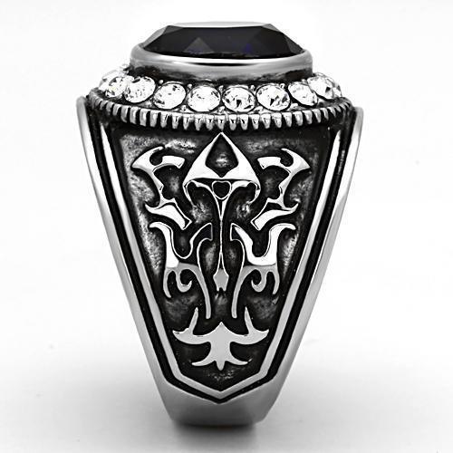 Mens Ring Silver Blue Unique Round Stainless Steel Ring with Synthetic Synthetic Glass in Montana - Jewelry Store by Erik Rayo