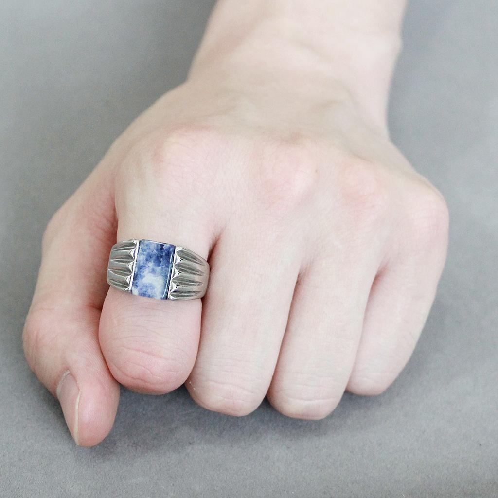 Mens Ring Silver Blue White Stainless Steel Ring with Semi-Precious Sodalite in Capri Blue - Jewelry Store by Erik Rayo