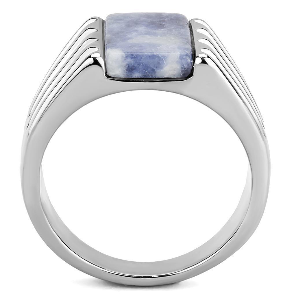 Mens Ring Silver Blue White Stainless Steel Ring with Semi-Precious Sodalite in Capri Blue - Jewelry Store by Erik Rayo