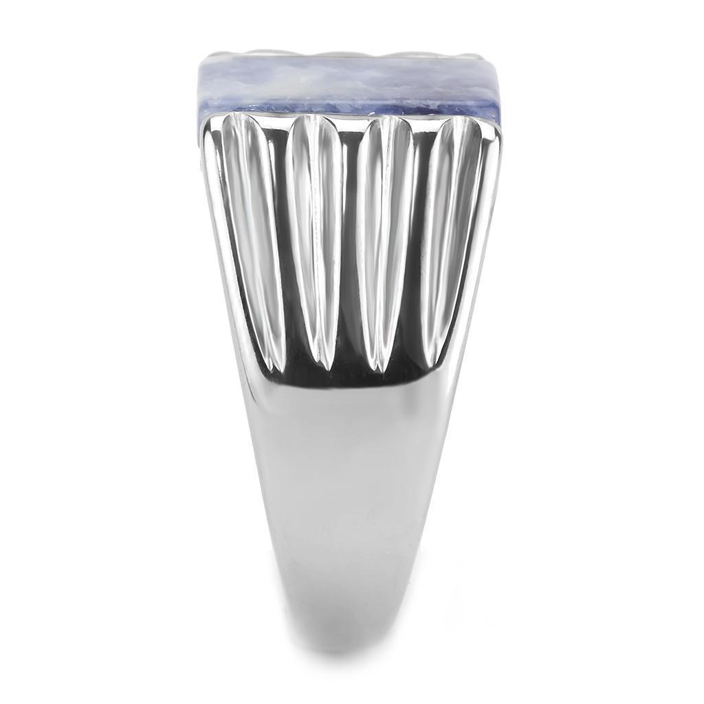 Mens Ring Silver Blue White Stainless Steel Ring with Semi-Precious Sodalite in Capri Blue - Jewelry Store by Erik Rayo