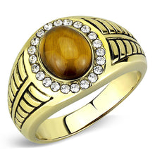 Load image into Gallery viewer, Mens Ring Silver Brown Gold Oval Cut Stainless Steel Ring with Tiger Eye in Topaz - Jewelry Store by Erik Rayo
