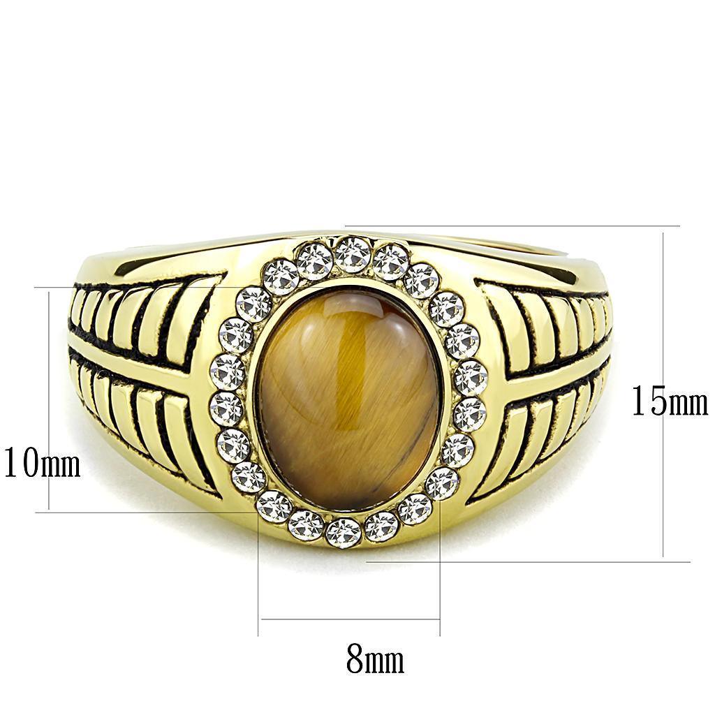 Mens Ring Silver Brown Gold Oval Cut Stainless Steel Ring with Tiger Eye in Topaz - Jewelry Store by Erik Rayo