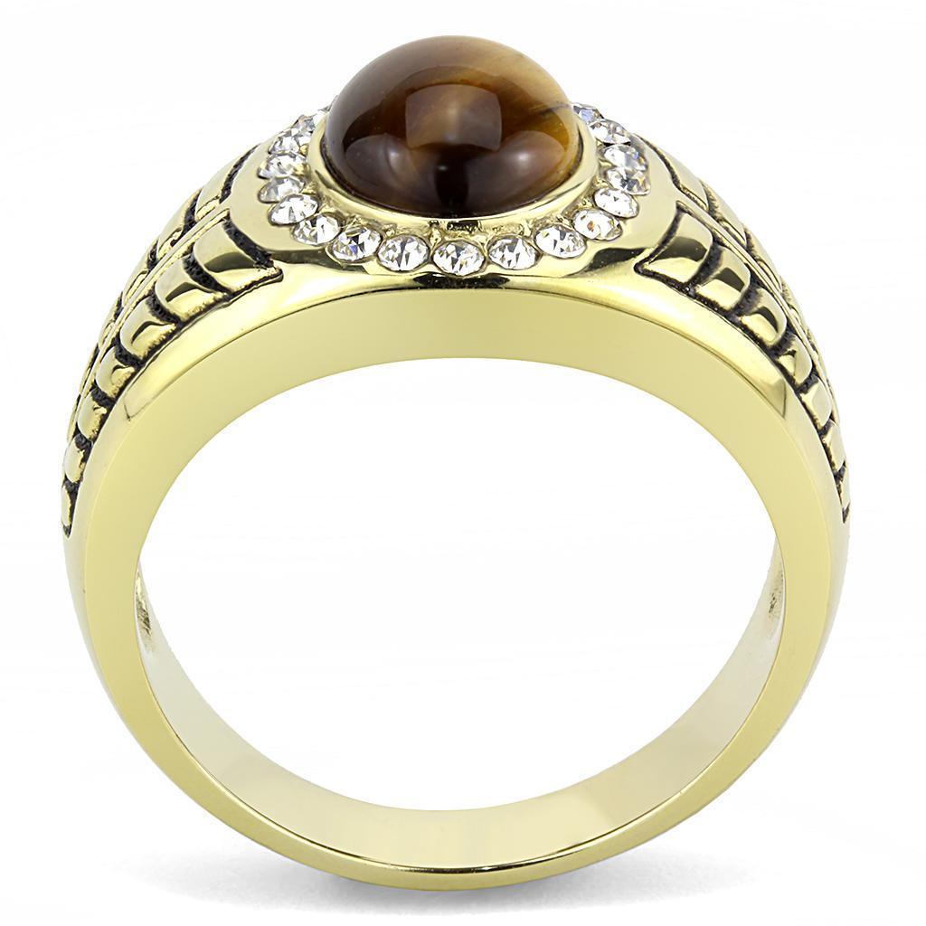 Mens Ring Silver Brown Gold Oval Cut Stainless Steel Ring with Tiger Eye in Topaz - Jewelry Store by Erik Rayo