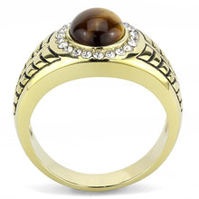 Load image into Gallery viewer, Mens Ring Silver Brown Gold Oval Cut Stainless Steel Ring with Tiger Eye in Topaz - Jewelry Store by Erik Rayo
