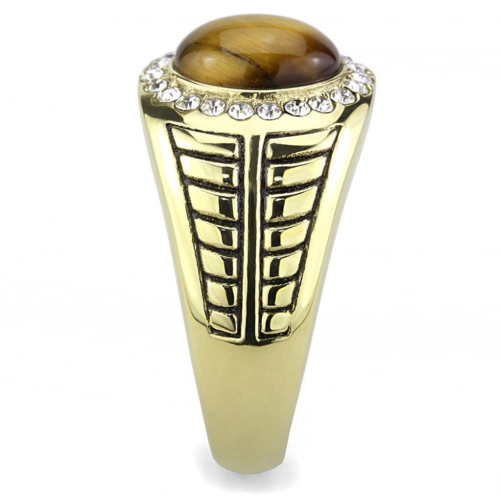 Mens Ring Silver Brown Gold Oval Cut Stainless Steel Ring with Tiger Eye in Topaz - Jewelry Store by Erik Rayo