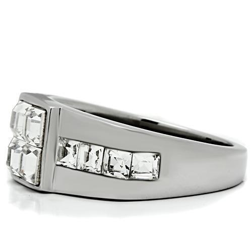 Mens Ring Silver Four Squared Princess Cut Accents Stainless Steel Ring with Top Grade Crystal in Clear - Jewelry Store by Erik Rayo