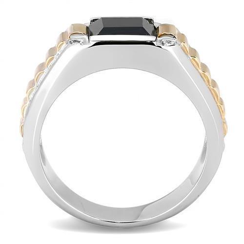 Mens Ring Silver Rose Gold Stainless Steel Ring with Synthetic Onyx in Jet - Jewelry Store by Erik Rayo