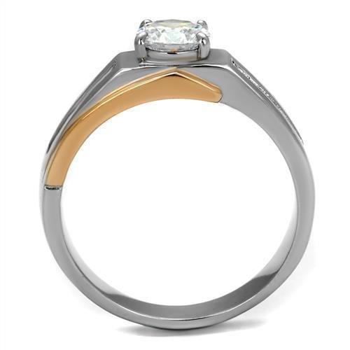 Mens Ring Silver Rose Gold Two Tone Stainless Steel Ring with AAA Grade CZ in Clear - Jewelry Store by Erik Rayo
