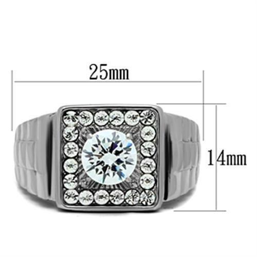 Mens Ring Silver Round Cut Squared Stainless Steel Ring with Top Grade Crystal in Clear - Jewelry Store by Erik Rayo