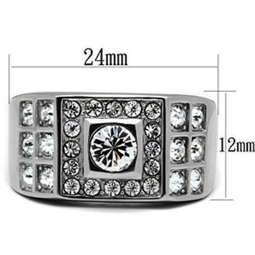 Mens Ring Silver Round Cut Squared Stainless Steel Ring with Top Grade Crystal in Clear - Jewelry Store by Erik Rayo