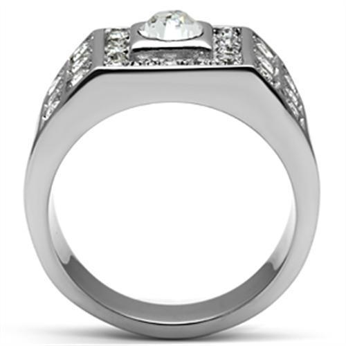 Mens Ring Silver Round Cut Squared Stainless Steel Ring with Top Grade Crystal in Clear - Jewelry Store by Erik Rayo