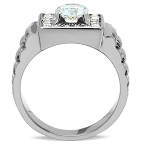 Mens Ring Silver Round Cut Squared Stainless Steel Ring with Top Grade Crystal in Clear - Jewelry Store by Erik Rayo