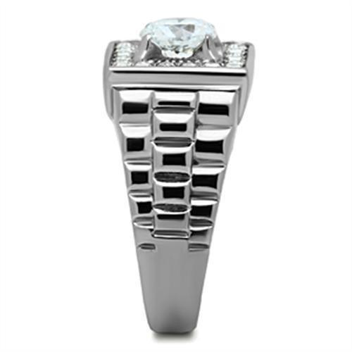 Mens Ring Silver Round Cut Squared Stainless Steel Ring with Top Grade Crystal in Clear - Jewelry Store by Erik Rayo