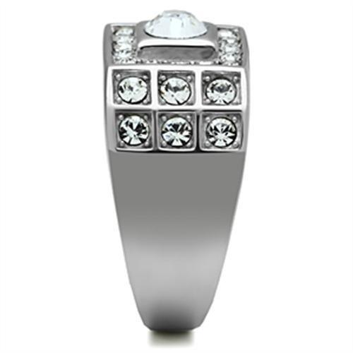 Mens Ring Silver Round Cut Squared Stainless Steel Ring with Top Grade Crystal in Clear - Jewelry Store by Erik Rayo