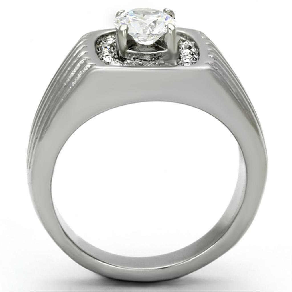 Mens Ring Silver Round Cut Stainless Steel Ring with AAA Grade CZ in Clear - Jewelry Store by Erik Rayo