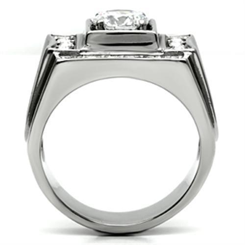 Mens Ring Silver Round Squared Stainless Steel Ring with AAA Grade CZ in Clear - Jewelry Store by Erik Rayo