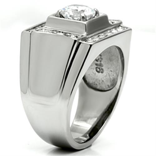 Mens Ring Silver Round Squared Stainless Steel Ring with AAA Grade CZ in Clear - Jewelry Store by Erik Rayo
