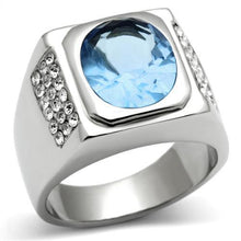 Load image into Gallery viewer, Mens Ring Silver Round Stainless Steel Ring with Synthetic Aquamarine Light Sapphire - Jewelry Store by Erik Rayo
