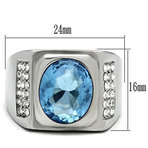 Mens Ring Silver Round Stainless Steel Ring with Synthetic Aquamarine Light Sapphire - Jewelry Store by Erik Rayo