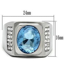 Load image into Gallery viewer, Mens Ring Silver Round Stainless Steel Ring with Synthetic Aquamarine Light Sapphire - Jewelry Store by Erik Rayo
