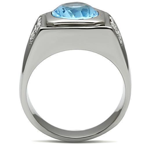 Mens Ring Silver Round Stainless Steel Ring with Synthetic Aquamarine Light Sapphire - Jewelry Store by Erik Rayo