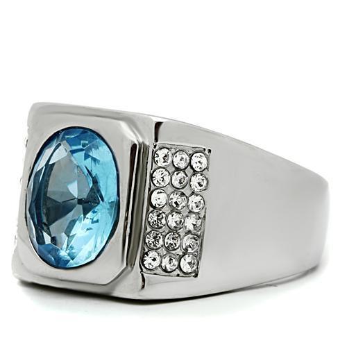 Mens Ring Silver Round Stainless Steel Ring with Synthetic Aquamarine Light Sapphire - Jewelry Store by Erik Rayo