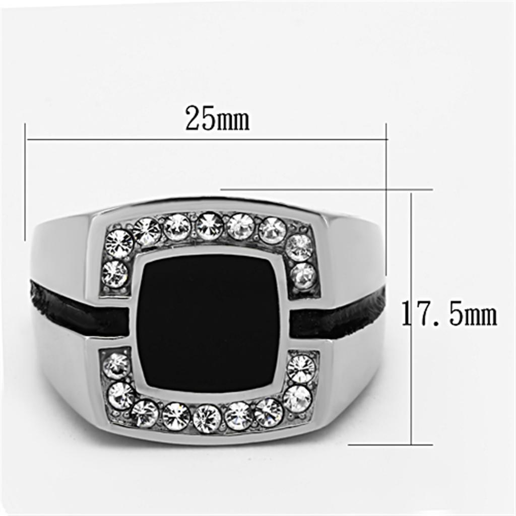 Mens Ring Silver Squared Onyx Stainless Steel Ring with Top Grade Crystal in Clear - Jewelry Store by Erik Rayo