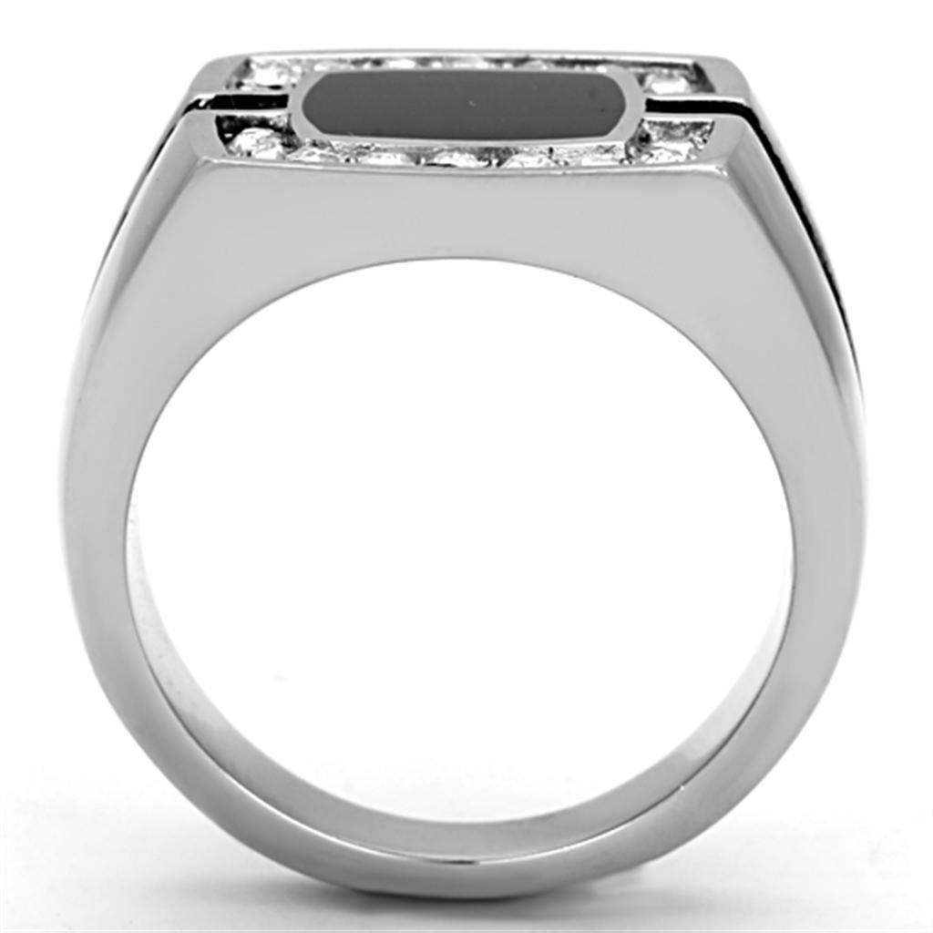 Mens Ring Silver Squared Onyx Stainless Steel Ring with Top Grade Crystal in Clear - Jewelry Store by Erik Rayo