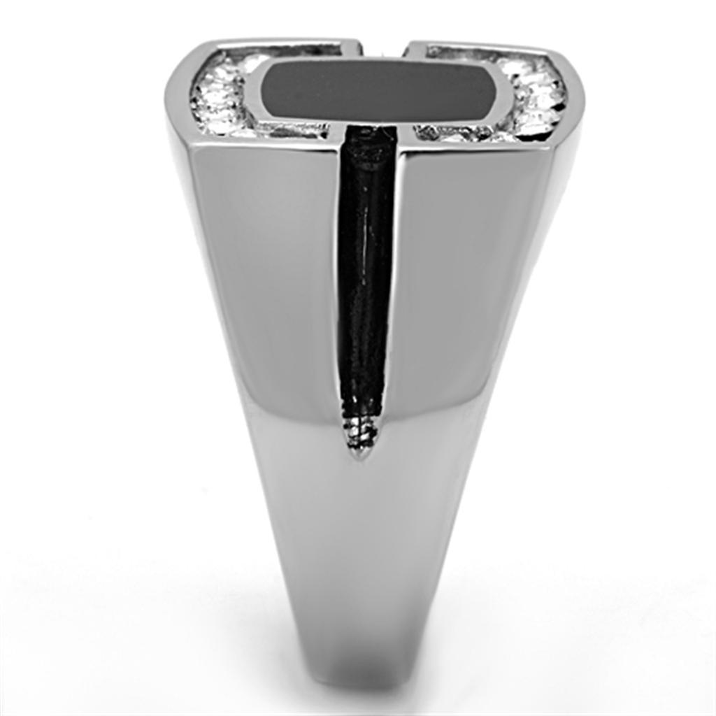 Mens Ring Silver Squared Onyx Stainless Steel Ring with Top Grade Crystal in Clear - Jewelry Store by Erik Rayo
