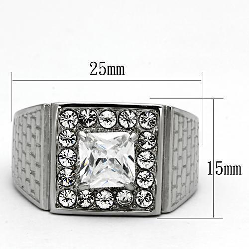 Mens Ring Silver Squared Princess Cut Stainless Steel Ring with AAA Grade CZ in Clear - Jewelry Store by Erik Rayo