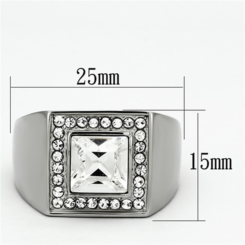 Mens Ring Silver Squared Princess Cut Stainless Steel Ring with Top Grade Crystal in Clear - Jewelry Store by Erik Rayo