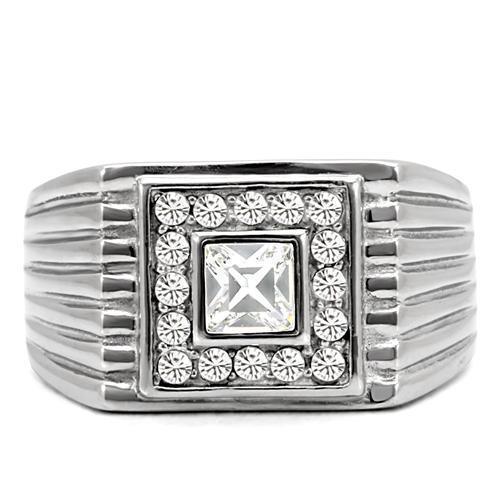 Mens Ring Silver Squared Princess Cut Stainless Steel Ring with Top Grade Crystal in Clear - Jewelry Store by Erik Rayo