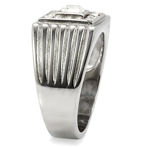 Mens Ring Silver Squared Princess Cut Stainless Steel Ring with Top Grade Crystal in Clear - Jewelry Store by Erik Rayo