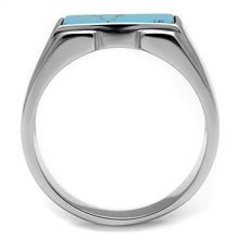 Load image into Gallery viewer, Mens Ring Silver Turquoise Stainless Steel Ring with Synthetic Imitation Amber in Sea Blue - Jewelry Store by Erik Rayo
