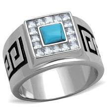 Load image into Gallery viewer, Mens Ring Squared Princess Cut Stainless Steel Ring with Synthetic Turquoise in Sea Blue - Jewelry Store by Erik Rayo
