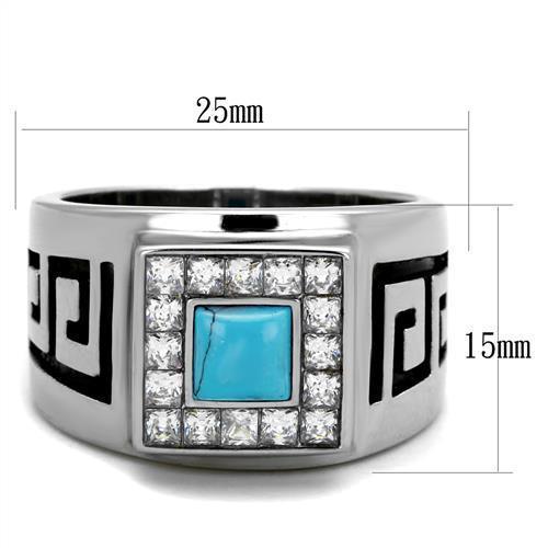 Mens Ring Squared Princess Cut Stainless Steel Ring with Synthetic Turquoise in Sea Blue - Jewelry Store by Erik Rayo