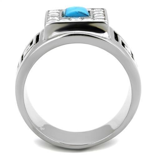 Mens Ring Squared Princess Cut Stainless Steel Ring with Synthetic Turquoise in Sea Blue - Jewelry Store by Erik Rayo