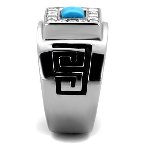 Mens Ring Squared Princess Cut Stainless Steel Ring with Synthetic Turquoise in Sea Blue - Jewelry Store by Erik Rayo