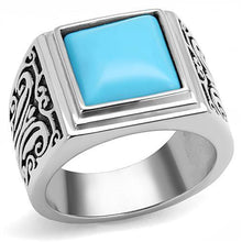 Load image into Gallery viewer, Mens Ring Squared Stainless Steel Ring with Synthetic Turquoise in Sea Blue - Jewelry Store by Erik Rayo
