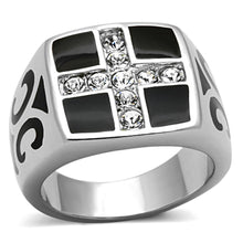 Load image into Gallery viewer, Mens Rings Cross Squared Black Onyx Stainless Steel Ring with Top Grade Crystal in Clear - Jewelry Store by Erik Rayo
