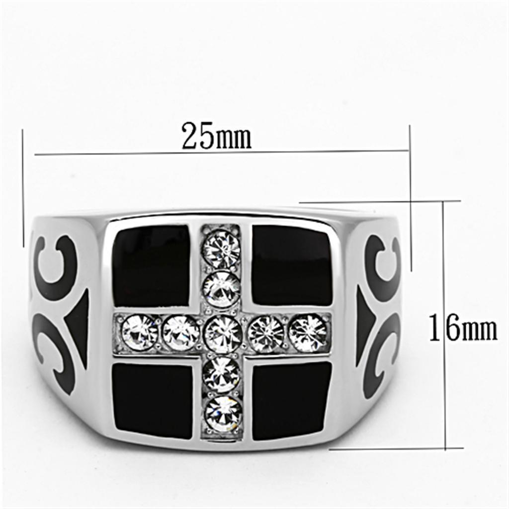 Mens Rings Cross Squared Black Onyx Stainless Steel Ring with Top Grade Crystal in Clear - Jewelry Store by Erik Rayo