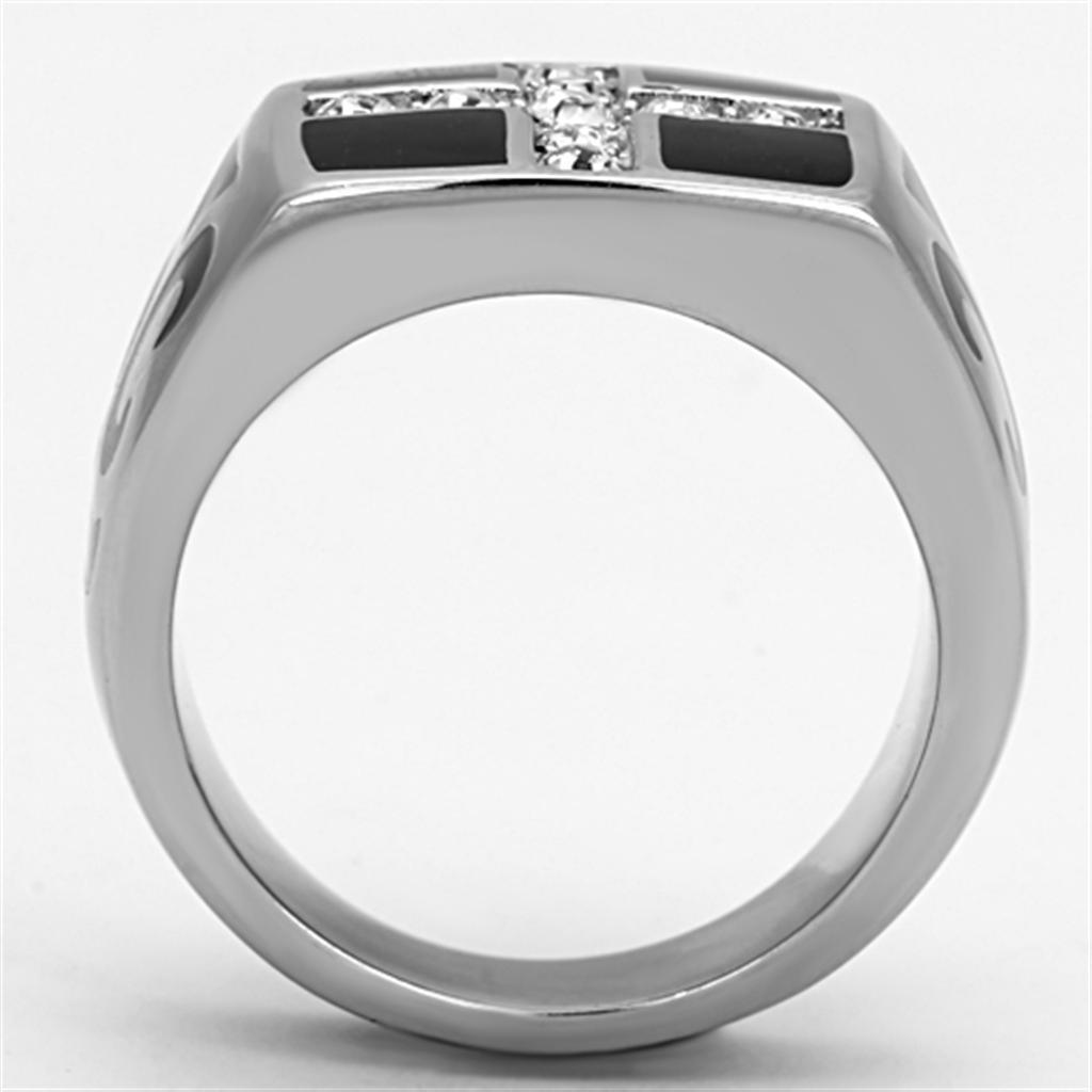 Mens Rings Cross Squared Black Onyx Stainless Steel Ring with Top Grade Crystal in Clear - Jewelry Store by Erik Rayo