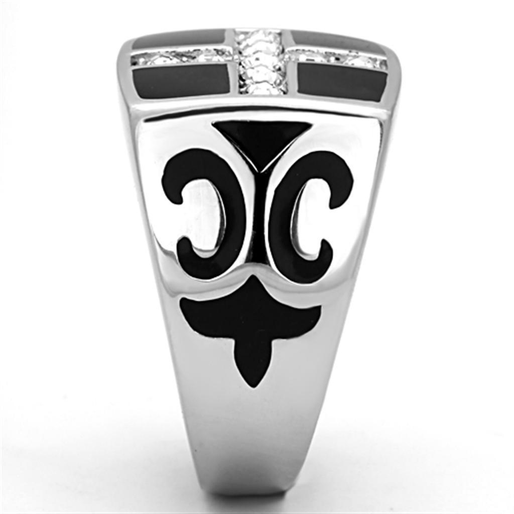 Mens Rings Cross Squared Black Onyx Stainless Steel Ring with Top Grade Crystal in Clear - Jewelry Store by Erik Rayo