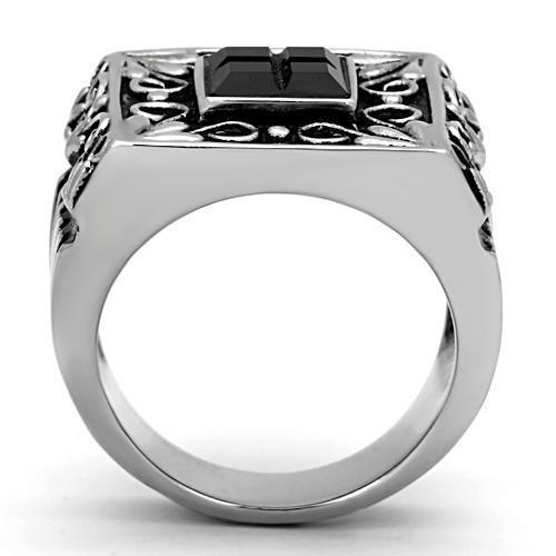 Mens Rings Squared Black Onyx Fancy Stainless Steel Ring with Top Grade Crystal in Clear - Jewelry Store by Erik Rayo