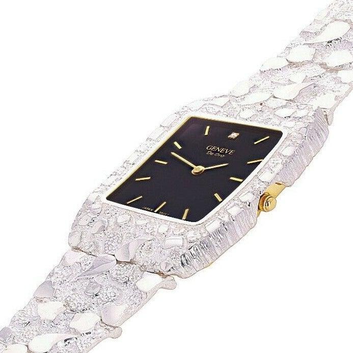 Mens Wrist Watch 925 Sterling Silver with Diamonds Geneve Watch 7-7.5 44 grams - Jewelry Store by Erik Rayo