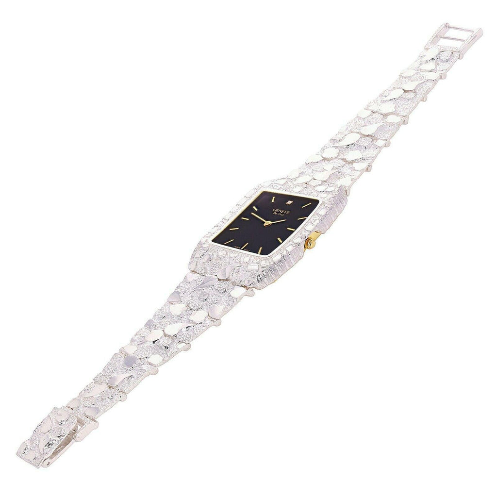 Mens Wrist Watch 925 Sterling Silver with Diamonds Geneve Watch 7-7.5 44 grams - Jewelry Store by Erik Rayo
