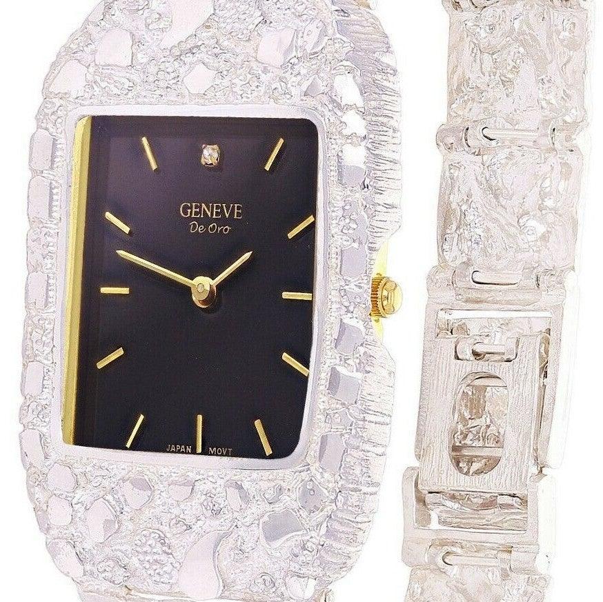 Mens Wrist Watch 925 Sterling Silver with Diamonds Geneve Watch 7-7.5 44 grams - Jewelry Store by Erik Rayo